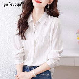 Women's Blouses Spring Autumn Polo-neck Elegant Fashion White Simple Shirt Female Long Sleeve Lace Patchwork Buttons Blouse Ladies Cardigan