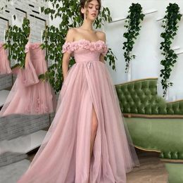 Luxury 3D Flowers Light Pink Prom Party Dress 2024 Women Off the Shoulder High Split Evening Birthday Formal Gown Open Back Floor Length Arabic Robe De Soiree