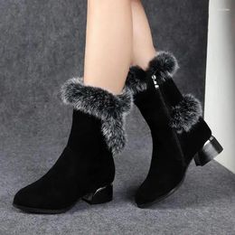 Boots Women's With Fur Cowhide Leather Winter Mid Calf Waterproof Platform Snow Plush Warm Anti-slip Ladies Short Botines Mujer