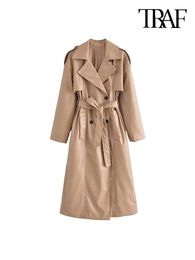 Women s Trench Coats TRAF Women Fashion With Belt Faux Leather Coat Vintage Long Sleeve Front Pockets Female Outerwear Chic Clothing 231213