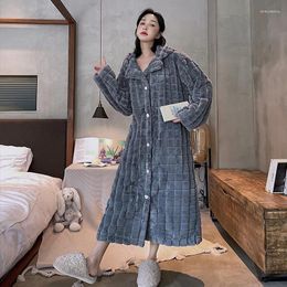 Women's Sleepwear Women Grey Flannel Long Button Bathrobe Sleeve Pyjamas Winter Coral Fleece Hooded Nightgown