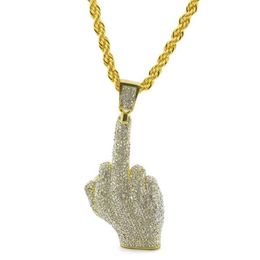 Hip Hop Men's Gold Colour Plated With Full Rhinestone Big Middle Finger Pendants Necklaces Bling Crystal Chains Vogue Jewelry275c