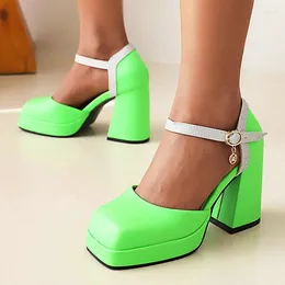 Sandals INS Summer Green Orange Mary Janes Pumps Size 34-43 Ankle Wrap Square Toe Chunky High Heels Women Platform Fashion Shoes