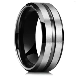 Cluster Rings Fashion 8mm Black Stainless Steel For Men Women Silver Colour Brushed Bevelled Edge Promise Wedding Bands Jewellery