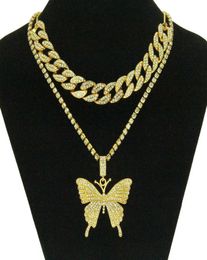 Hip Hop Iced Out Rhinestone Big Butterfly Pendant Necklace Cuban Chain Set for Women Statment Bling Crystal Animal Choker Jewelry9363004