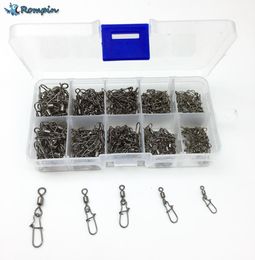 Rompin 210pcsbox Fishing Rolling Swivels Snap Pin Line Connectors 2 4 5 6 8 Solid Barrel Swivel Rings Snap Fishing Swivels5124949