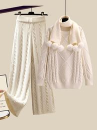 Women's Pants s Winter Warm Knitted Sets For Women Outfits Office Ladies Elegant Twist Pullover Sweaters ball Scarf wide Leg Knitting Pant 231213