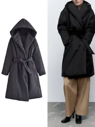 Women's Trench Coats Fashion Belt Thickened Warm Hooded Padded Coat Retro Long Sleeve Side Pocket Chic Black