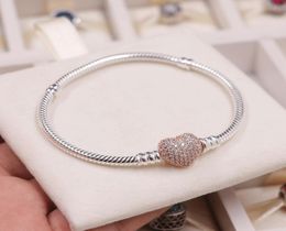 Rose Gold Hearts Pave Clasp Charm Bracelet Women039s Sterling Silver Wedding designer Jewellery Set Original Box For p Snak1224425