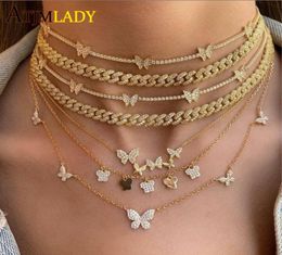 new gold filled iced out hiphop bling wide Miami Curb Cuban Link Chain rock CZ butterfly choker women chain adjust size necklace T7012268