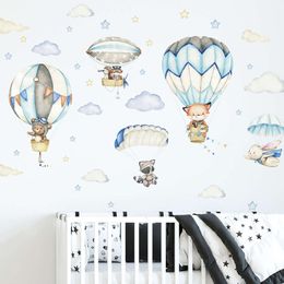 Watercolour Animals Hot Air Balloon Clouds Wall Stickers Blue Colour for Kids Room Baby Nursery Room Wall Decals Boy Room Stickers