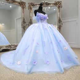 Sky Blue Shiny Off The Shoulder Ball Gown Quinceanera Dresses For Girls 3DFlower Beaded Birthday Party Gowns Lace Up Back Graduation