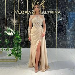 Elegant Champagne Mermaid Evening Dresses Long Sleeves Scoop Neck Sexy High Split Lace Applique Formal Prom Gowns Arabia Dubai 328 328