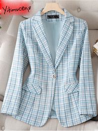 Womens Suits Blazers Yitimuceng Turn Down Collar for Women Office Ladies Long Sleeve Coats Fashion Casual Plaid Single Button Jacket 231213