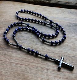 6mm Lapis Lazuli stone bead & Hematite pendant necklace for Men Women Catholic Christ Rosary Pendant V1912126225787