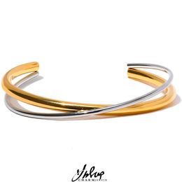 Bangle Yhpup Waterproof 18K Gold Plated Geometric Stainless Steel Double Colour Cuff Bracelet Statement Charm Texture Jewellery 231212