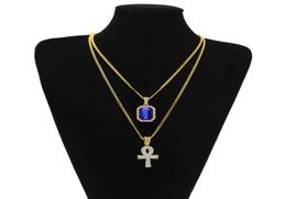 Gold chains Pretty Egyptian Ankh With Red Ruby Pendant Necklace Set Men Bling Hip Hop Jewelry6886340