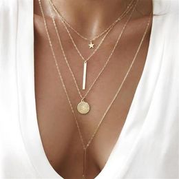 Pendant Necklaces Bohemia Star Word Metal Disk Chain Multi Layer Gold Color Necklace Women's Fashion Personality Clothing Jew266u