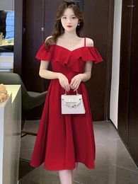 Casual Dresses Red Chic Ruffled Collar Sling Dress For Wedding Women Summer Pink Elegant Bodycon Dance Party 2023 Korean Vintage Vestidos