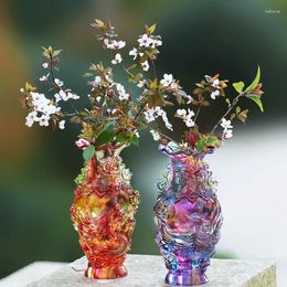 Vases Luxury Ancient Chinese Colored Glaze Cloud Dragon Dance Pheonix Vase Figure Pattern Handmade Flower Holder Office Collection