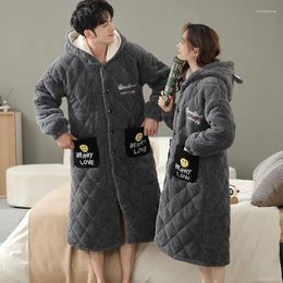 Women's Sleepwear Couple Hooded Bathrobe Winter 3 Layer Clip Cotton Pajamas Set Loose M-3XL Women And Men Robe Homewear