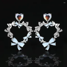 Dangle Earrings 925 Silver Auroras Colour Heart-shaped Blue Bowknot For Women In High-end Stud Earings Light Luxury Wedding Jewellery