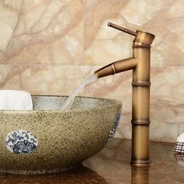 Bathroom Sink Faucets Antique Brass Waterfall Basin Faucet Retro Style Vessel Tall Bamboo Water Tap And Cold Mixer