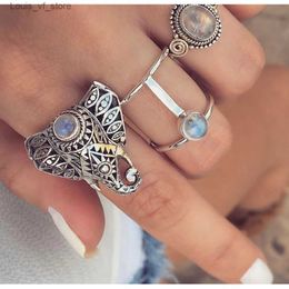 Band Rings KISS WIFE 3Pcs/Set Fashion Vintage Silver Color Opals Elephant Ring Set For Women Bohemia Carving Rings New Trend Jewelry Gifts T231213