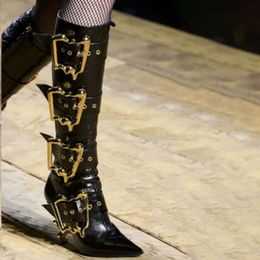 Martin Leather Women Women Boots Gultge Toe Gold Alien Heel каблуки Knight Boots Boot