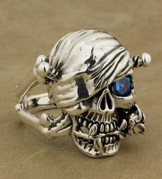 925 Sterling Silver Pirate Skull Ring Rose Blue CZ Mens Biker Style 9W101 C181225012608655