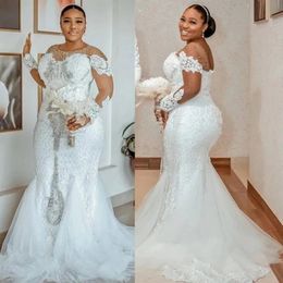 Plus Size Aso Ebi Fulllace Wedding Dresses Mermaid Long Sleeves Lace Beaded Bridal Dress Rehinestones Tulle Tiered Country Gown For African Black Women CDW042