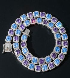 14K White Gold Plated 10mm Square Cut Blue Purple Ruby Diamond Tennis Chain Necklace CZ Gemstone Diamond Hip Hop Jewelry9307030