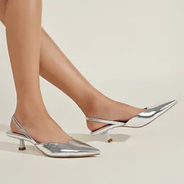 Sandals 2024 Summer Women Kitten Heels Slingback Silvery Pointed Toe Low Thin High Shoes Close Pumps