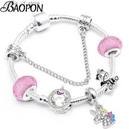 Charm Bracelets Cartoon Unicorn Beads Charm Bracelets For Women Romantic Silver Color Snake Chain Bracelet Bangle For Kids Brand Jewelry Gift T231213