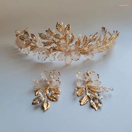 Hair Clips SLBRIDAL Handmade Golden Alloy Crystal Rhinestones Flower Bridal Tiara Earring Set Wedding Princess Party Crown Women Jewelry