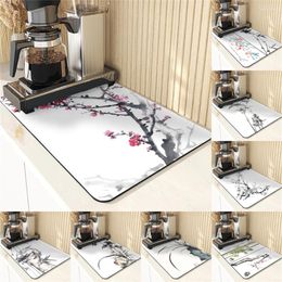 Table Mats Chinese Style Absorbent Drying Mat For Kitchen Placemats Sink Diatomaceous Earth Plant Pattern Silicone Dish