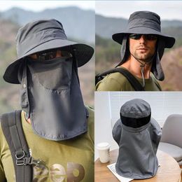 Berets Men Wide Large Brim Sun Hat Summer Outdoor Fishing Hiking Bucket Male UV Anti Neck Protection Shawl Visor Cap