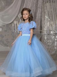 Vintage Long Blue Flower Girl Dresses Jew Neck Sequin Tulle Short Sleeves with Bow Ball Gown Floor Length Custom Made for Wedding Party