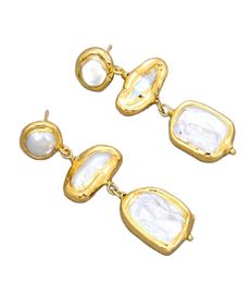 GuaiGuai Jewelry Yellow Gold Color Plated Natural Freshwater Biwa Pearl Square Pearl Earrings Handmade For Women Real Gems Stone L9364502