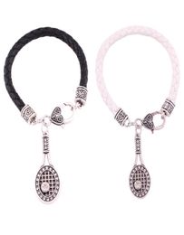 Infinity Love Crystal Tennis Racket With Ball Charm Pendent Bracelets Christmas Gifts Women Fashion Black White Leather Bracelets 6770973