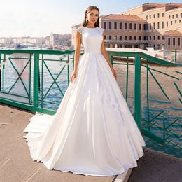 A-Line Satin Wedding Gown For Bride Trendy Jewel Off-Shoulder Hollow Covered Button Classic Applique Lace Sweep Train