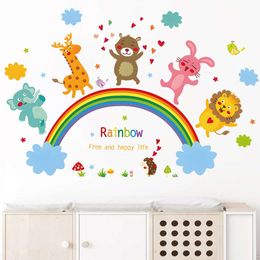 Cute Cartoon Happy Animals Rainbows Wall Stickers for Kids Room Baby Nursery Room Wall Decals Home Decorative Stickers