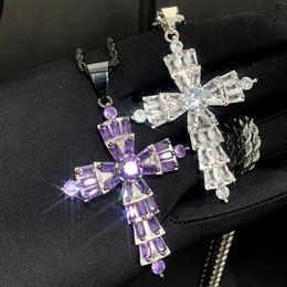 Fashion Designer Purple Zircon Cross Charm Pendant Necklace with Rope Chain Hip Hop Women Men Full Paved 5A Cubic Zirconia Boss Men Gift Jewellery