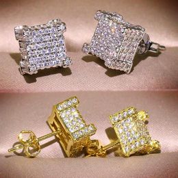 Luxury Crystal Princess Square Earrings White Gold Yellow Colour Zircon Wedding Stud For Women Men Jewellery Cz2313