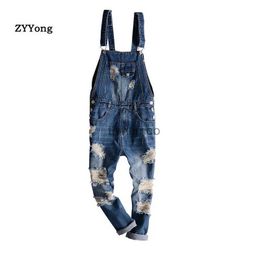 Men's Pants Blue Hole Overalls Men Denim Jumpsuit Ripped Tattered Jeans Bib Ankle Length Hip Hop Big Pocket Korean Cargo Pants Trousers YQ231214