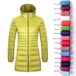 Women's Down Parkas Ladies Long Warm Down Coat with Portable Storage Bag Women Light Down Jacket Women's Overcoats Hip-Length High Street 231212