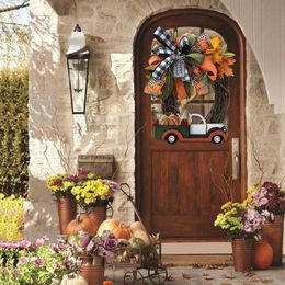 Halloween Pumpkin Truck Wreath Fall For Front Door Farm Autumn Car Decoration Doorplate Decor Dropship Q0812250V