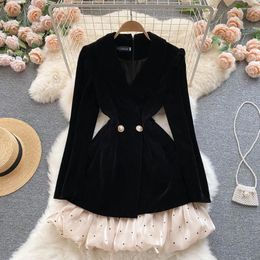 Casual Dresses SuperAen Autumn And Winter Holiday Two-piece Lapel Velvet Suit Jacket Stitching Polka-dot High Waist Ruffled Dress