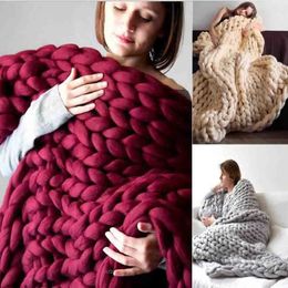 Blankets WOSTAR Chunky merino wool blanket thick large yarn roving knitted winter warm plaid throw blankets sofa bed 231213