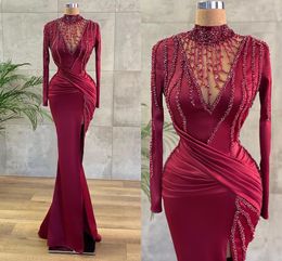 Vintage High Neck Long Sleeve Burgundy Evening Dresses Sexy Mermaid High Split Beadings Evening Gowns Formal Occasion Prom Wears